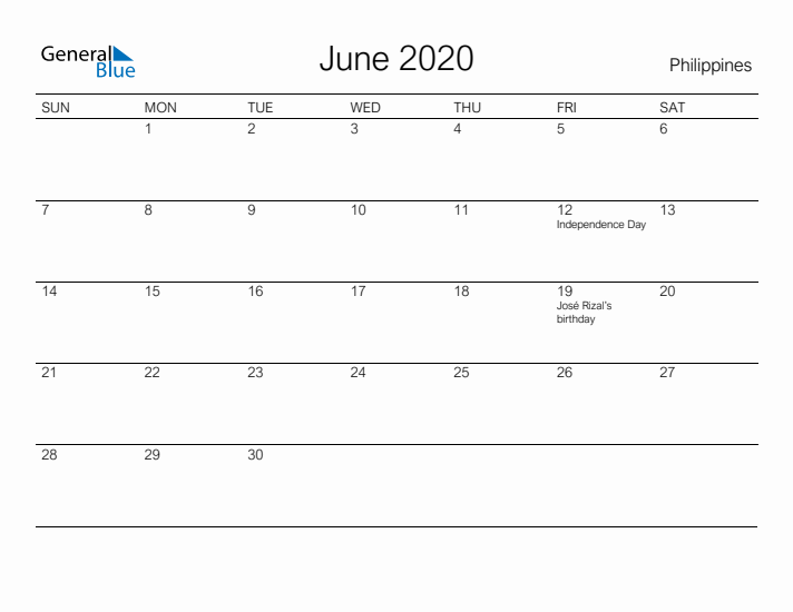 Printable June 2020 Calendar for Philippines