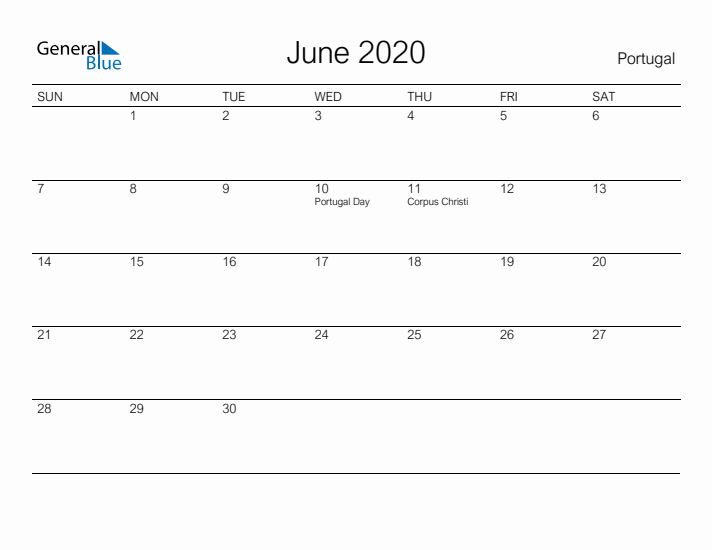 Printable June 2020 Calendar for Portugal