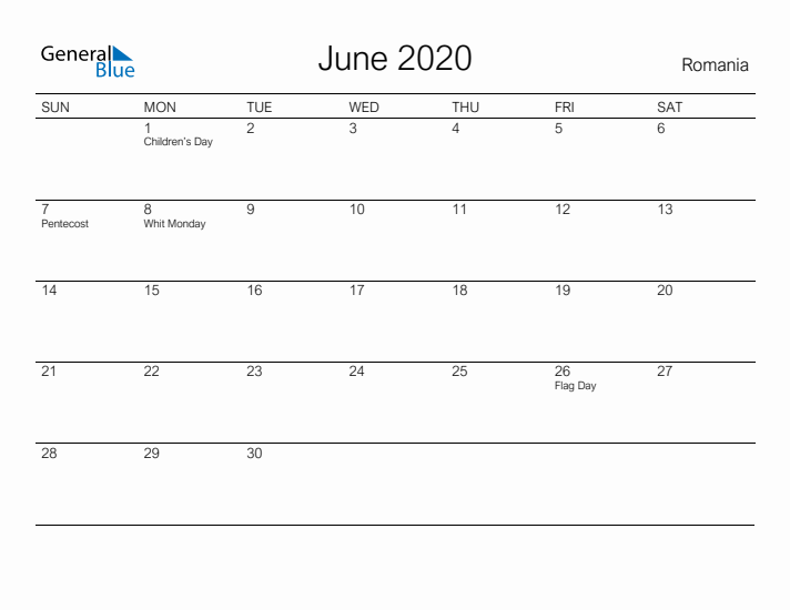 Printable June 2020 Calendar for Romania