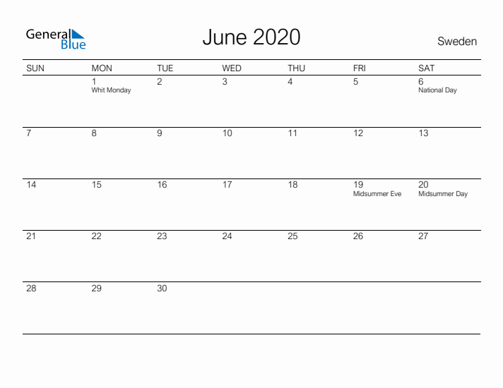 Printable June 2020 Calendar for Sweden