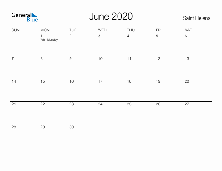 Printable June 2020 Calendar for Saint Helena