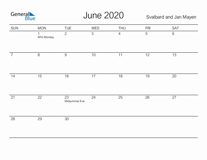 Printable June 2020 Calendar for Svalbard and Jan Mayen