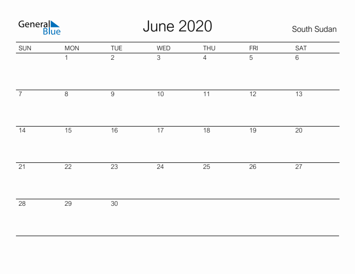 Printable June 2020 Calendar for South Sudan