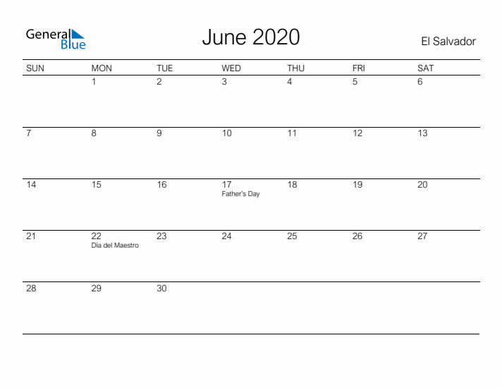 Printable June 2020 Calendar for El Salvador