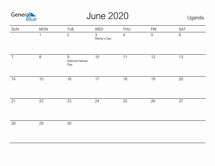 Printable June 2020 Calendar for Uganda