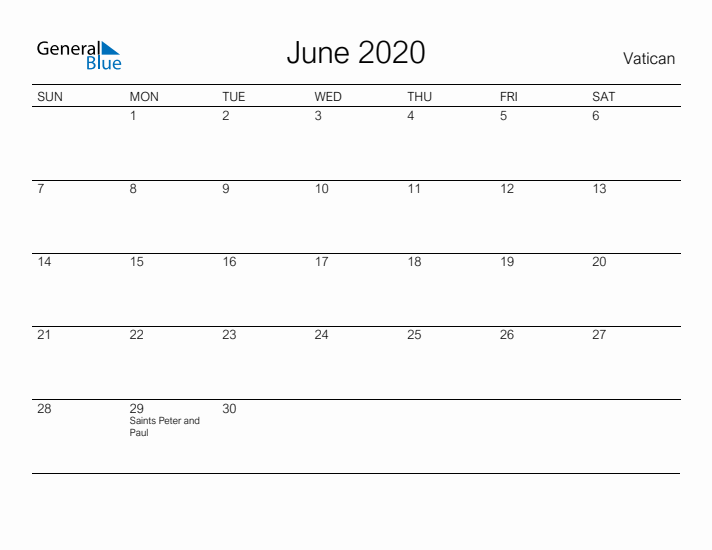 Printable June 2020 Calendar for Vatican
