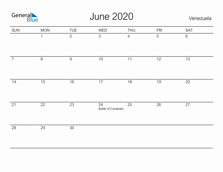 Printable June 2020 Calendar for Venezuela