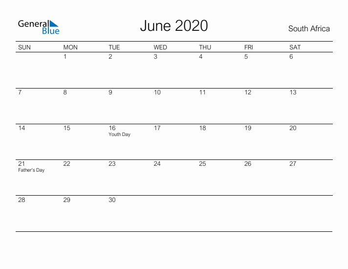 Printable June 2020 Calendar for South Africa