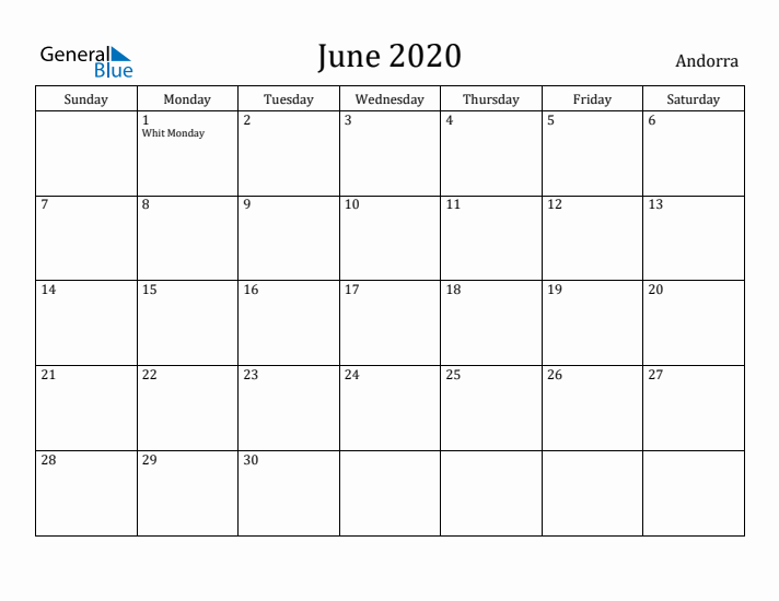 June 2020 Calendar Andorra
