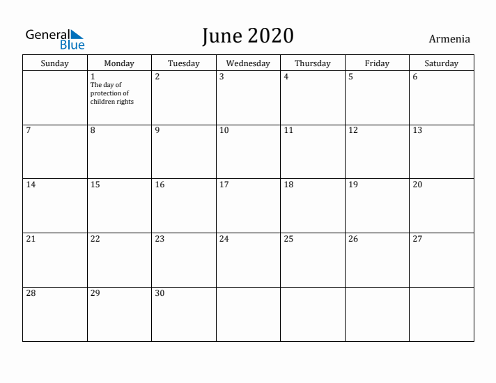 June 2020 Calendar Armenia