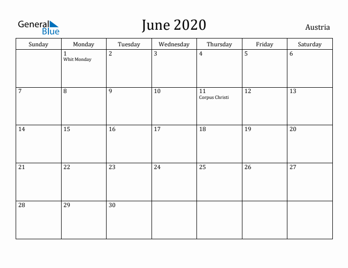 June 2020 Calendar Austria