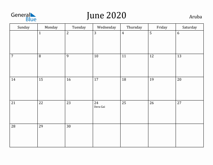 June 2020 Calendar Aruba