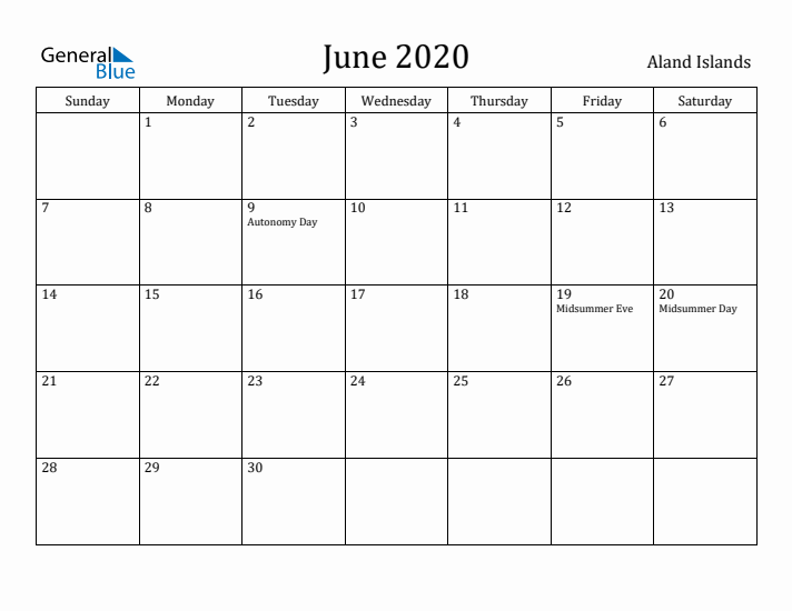 June 2020 Calendar Aland Islands