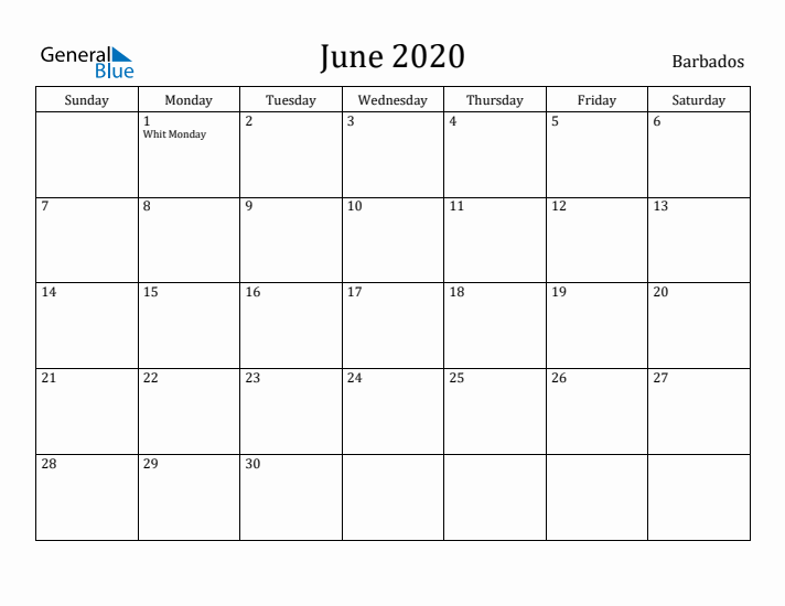 June 2020 Calendar Barbados