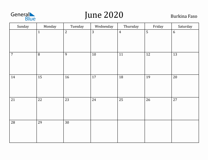June 2020 Calendar Burkina Faso