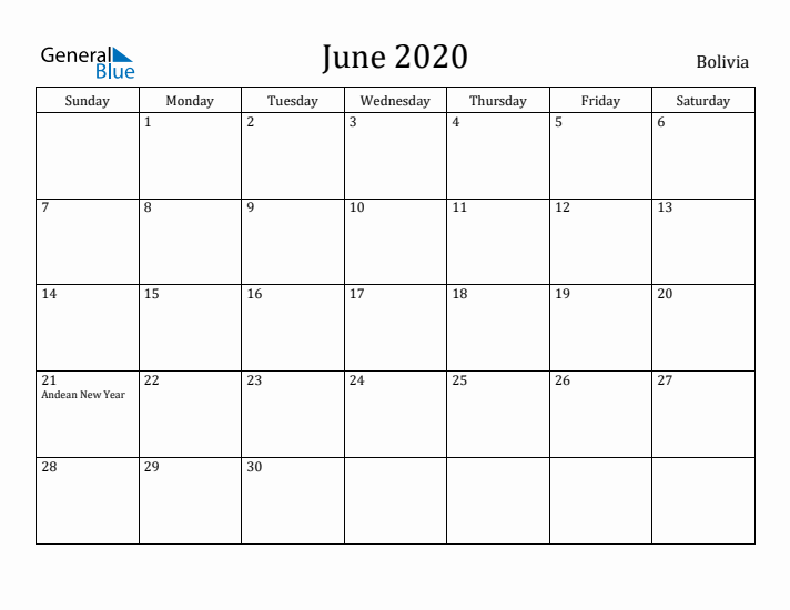 June 2020 Calendar Bolivia