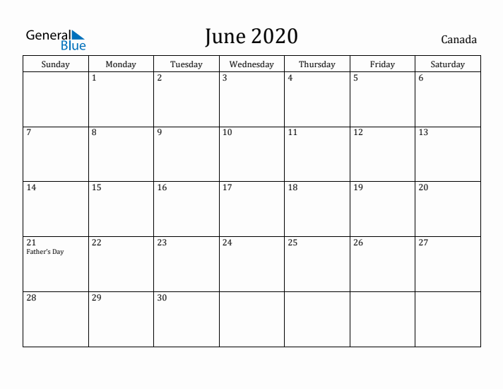 June 2020 Calendar Canada