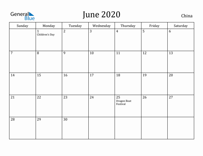 June 2020 Calendar China