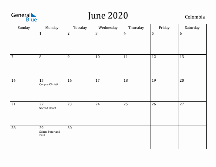 June 2020 Calendar Colombia
