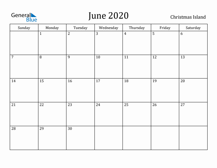 June 2020 Calendar Christmas Island