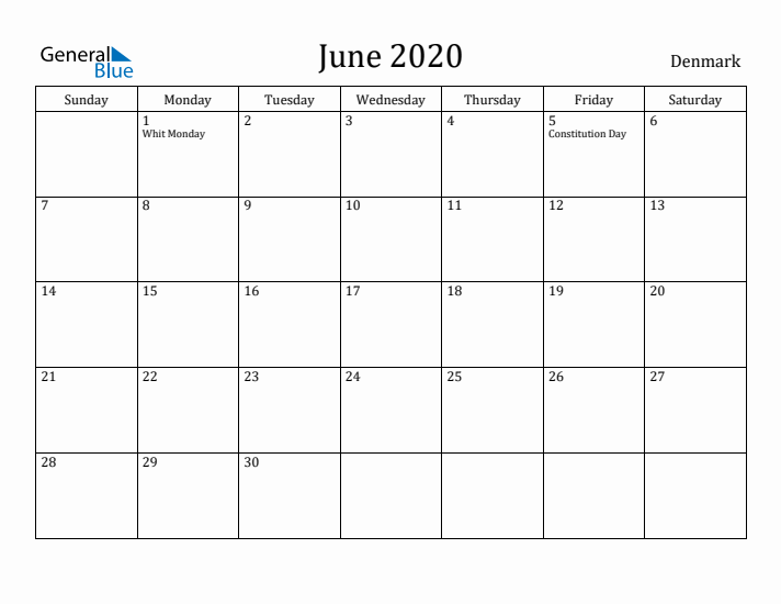 June 2020 Calendar Denmark