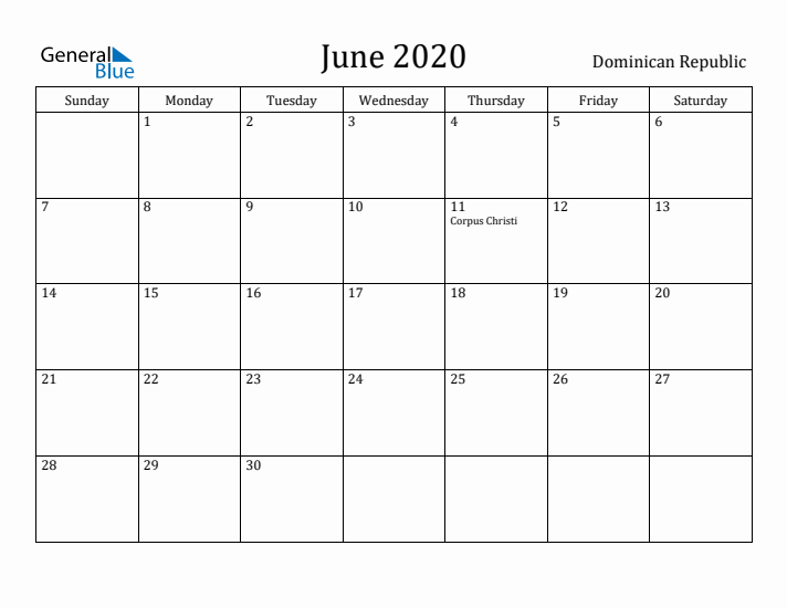 June 2020 Calendar Dominican Republic
