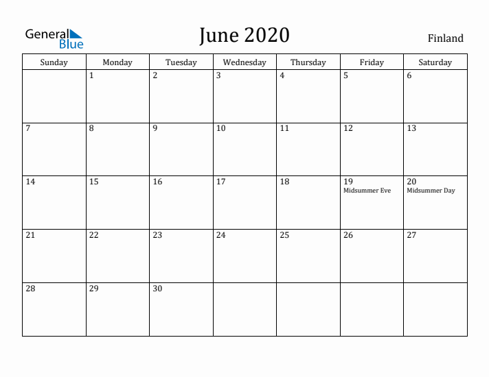 June 2020 Calendar Finland