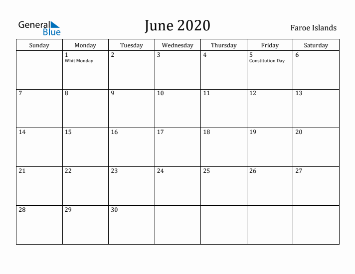 June 2020 Calendar Faroe Islands
