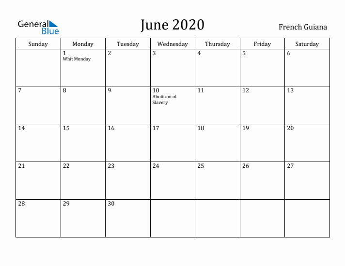 June 2020 Calendar French Guiana