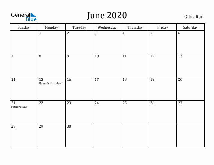 June 2020 Calendar Gibraltar