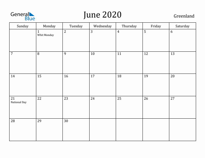 June 2020 Calendar Greenland