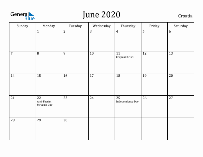 June 2020 Calendar Croatia