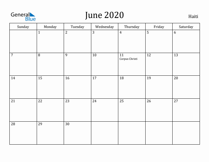 June 2020 Calendar Haiti