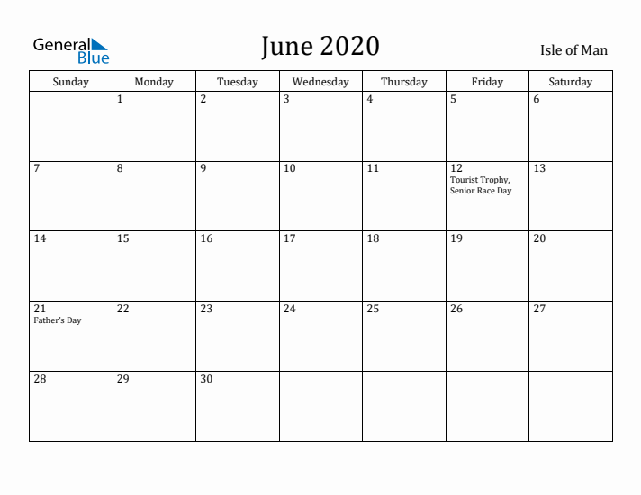 June 2020 Calendar Isle of Man