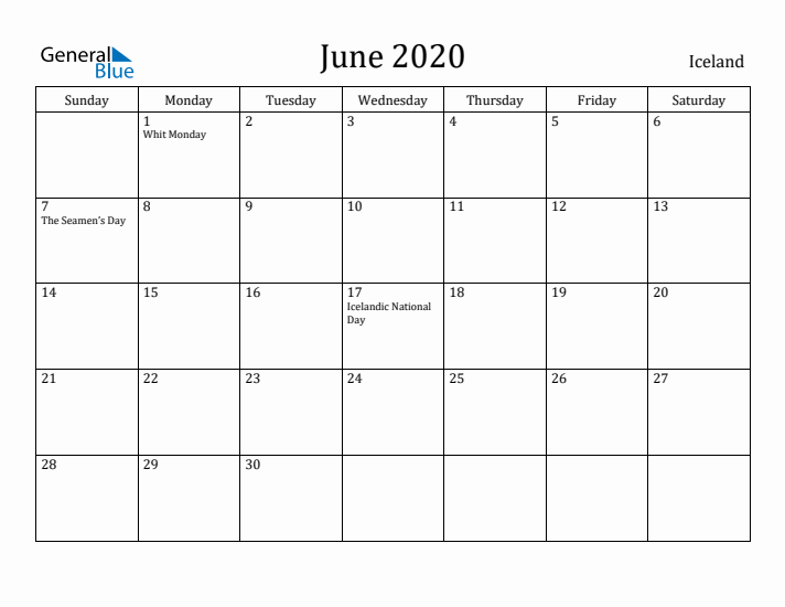 June 2020 Calendar Iceland