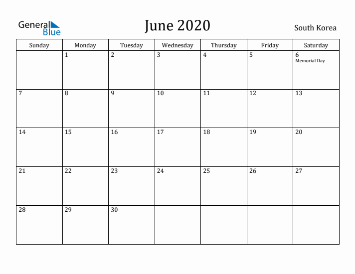 June 2020 Calendar South Korea