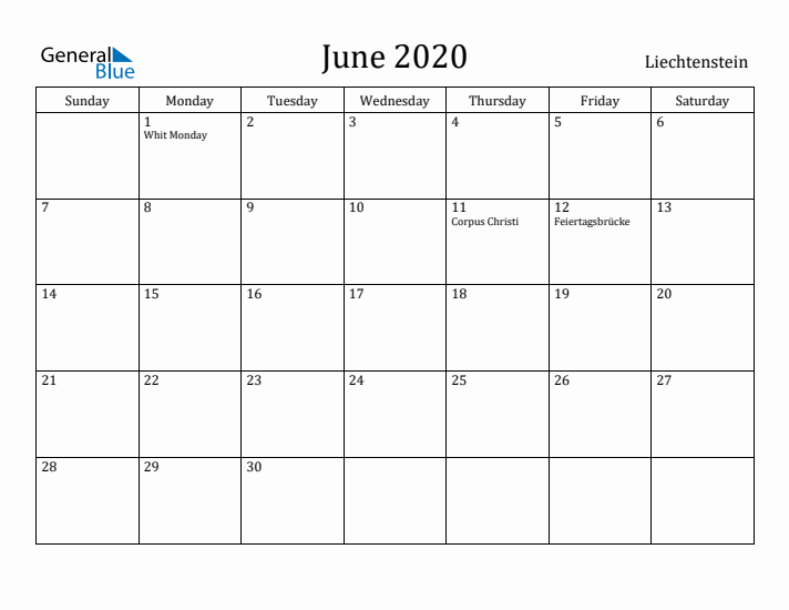 June 2020 Calendar Liechtenstein