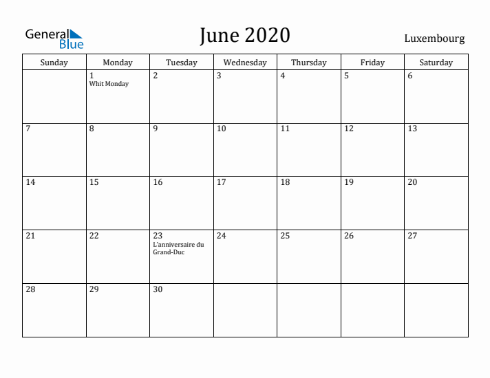 June 2020 Calendar Luxembourg