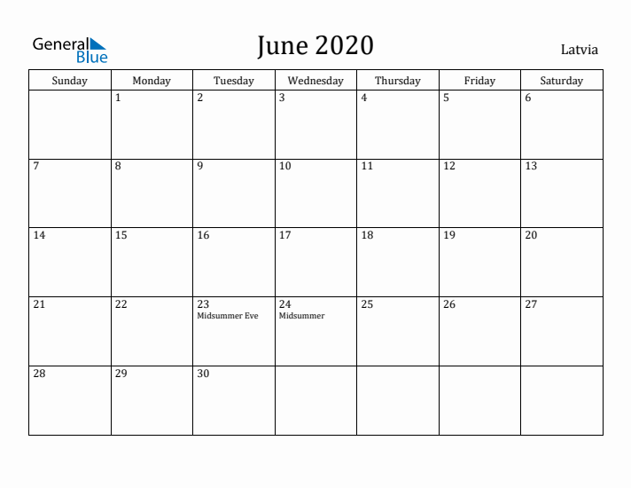 June 2020 Calendar Latvia