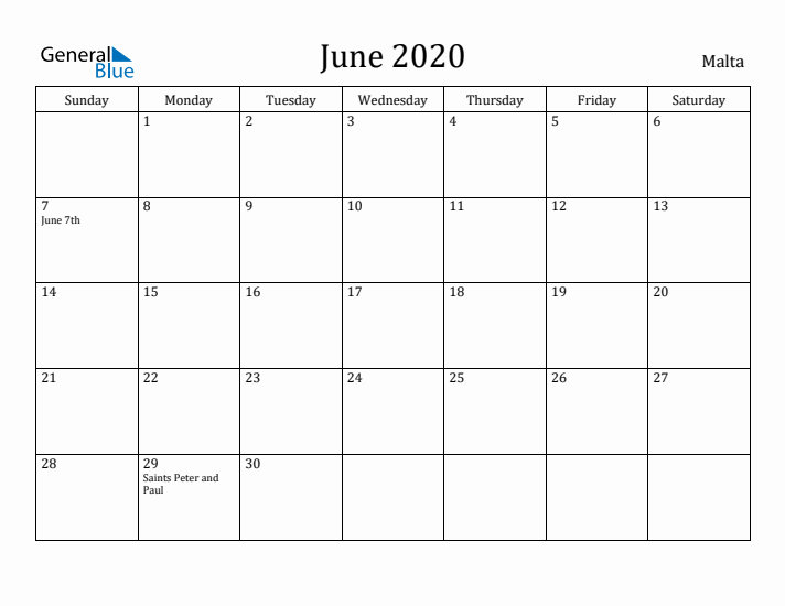 June 2020 Calendar Malta