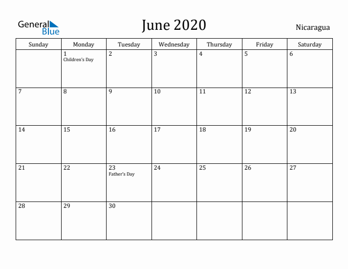 June 2020 Calendar Nicaragua