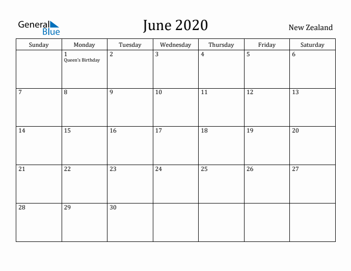 June 2020 Calendar New Zealand