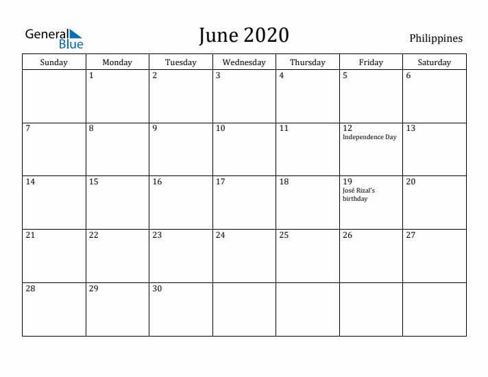 June 2020 Calendar Philippines