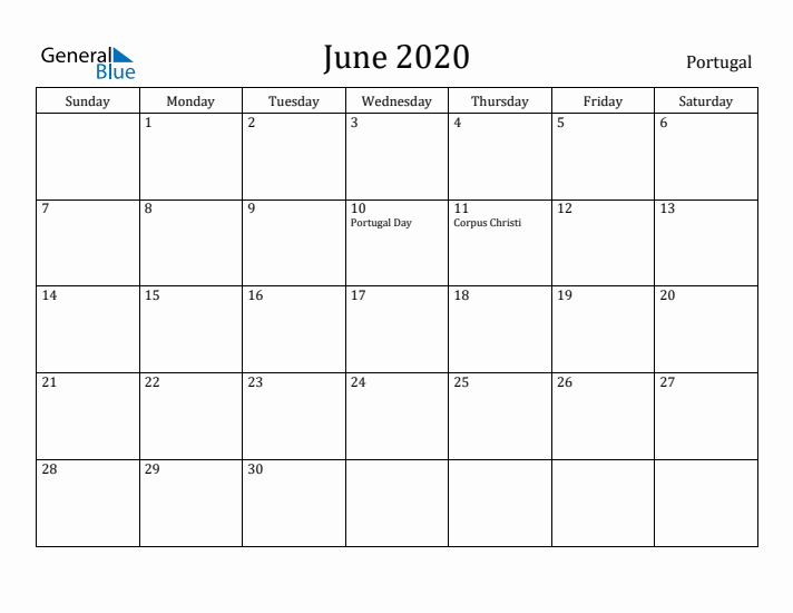 June 2020 Calendar Portugal