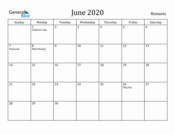 June 2020 Calendar Romania