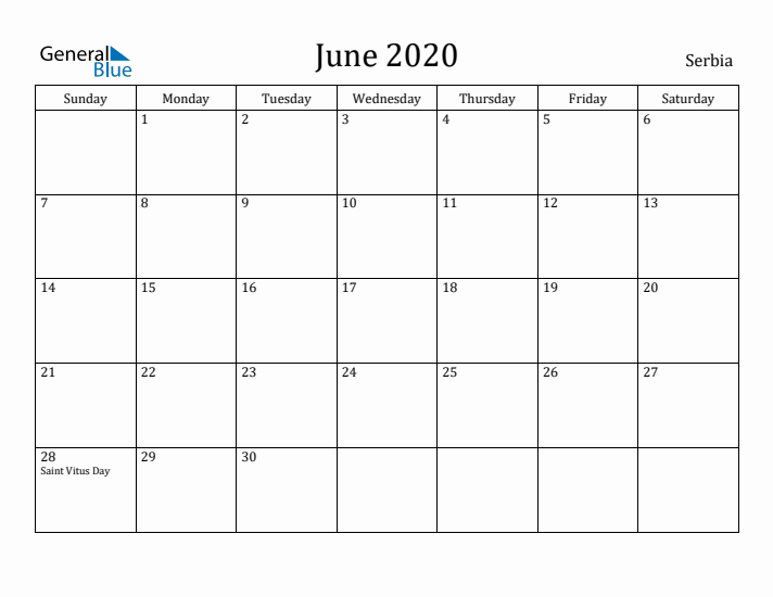 June 2020 Calendar Serbia