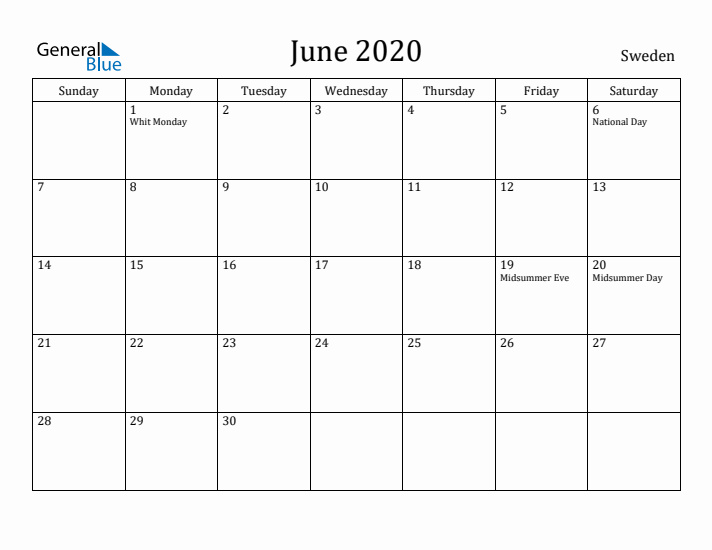 June 2020 Calendar Sweden