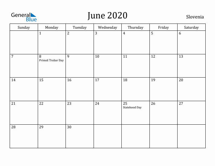 June 2020 Calendar Slovenia