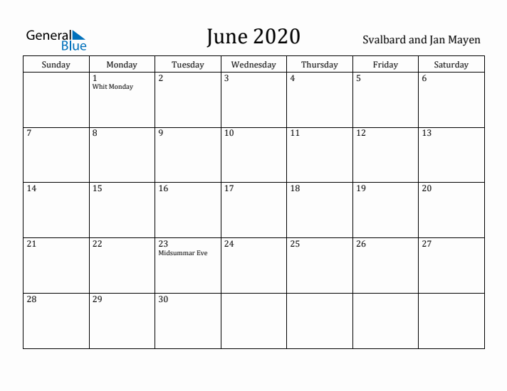 June 2020 Calendar Svalbard and Jan Mayen