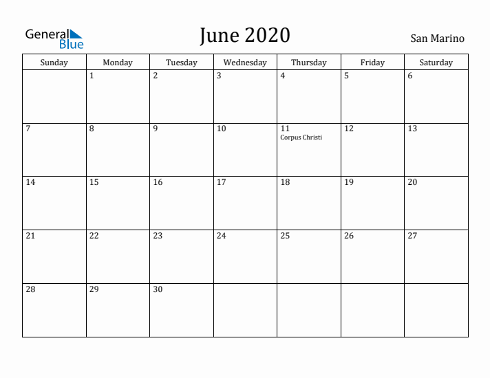 June 2020 Calendar San Marino